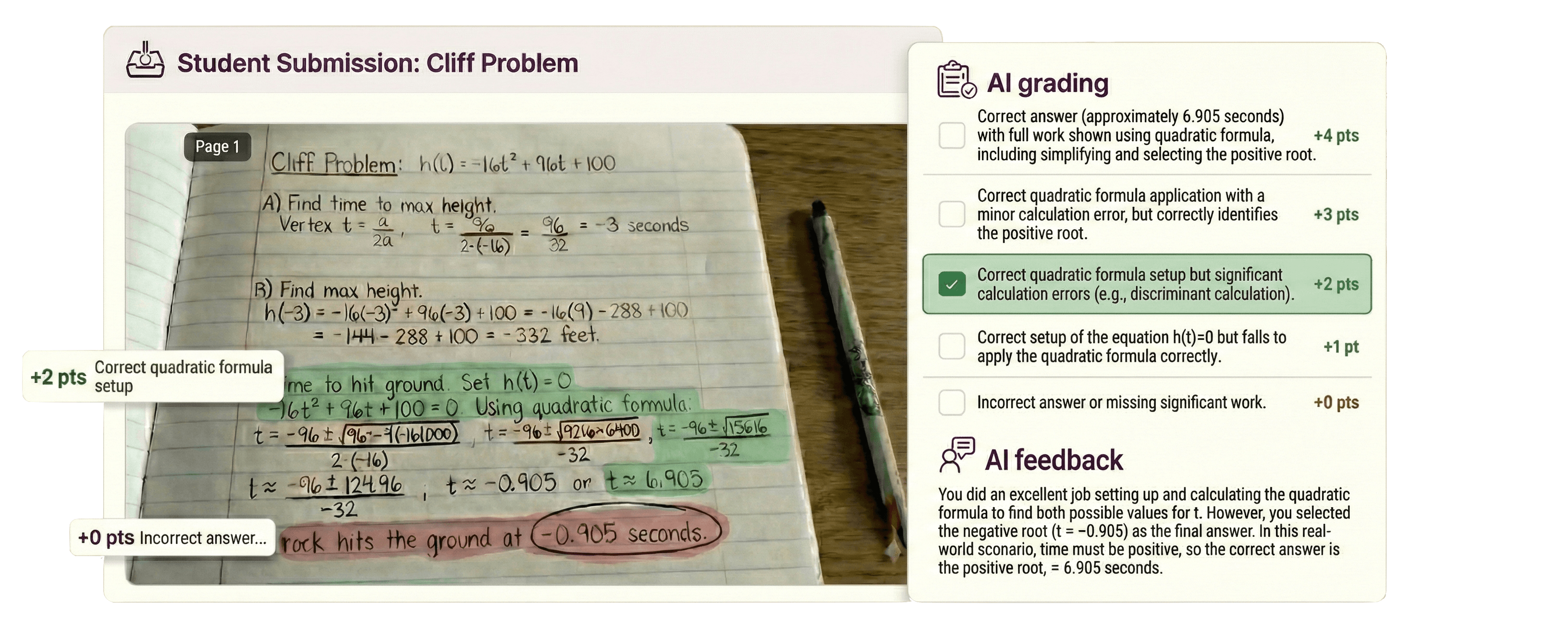 Graid AI grading a student's handwritten physics submission with rubric-based scoring and feedback