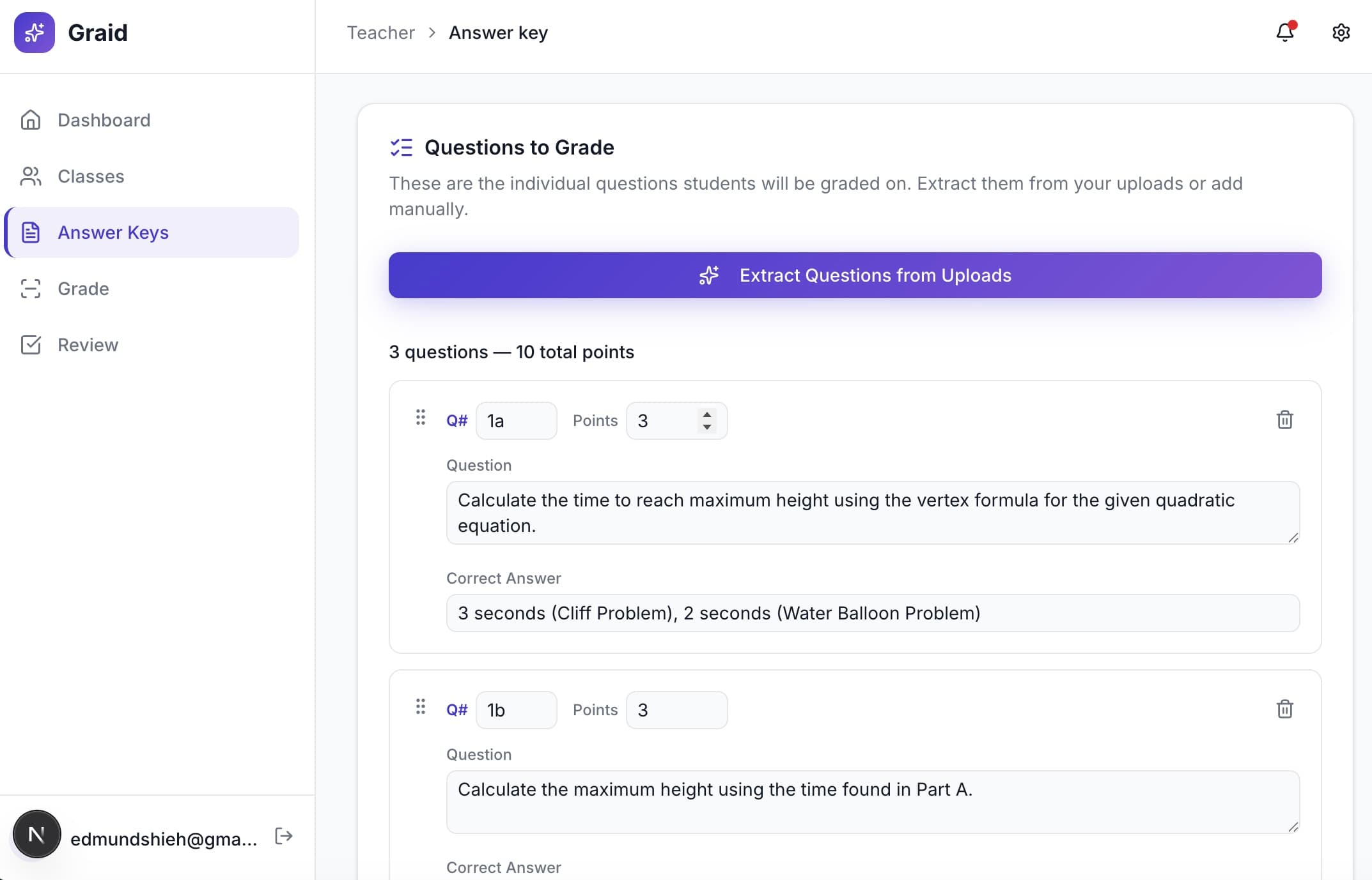 Screenshot of extracted questions and rubric