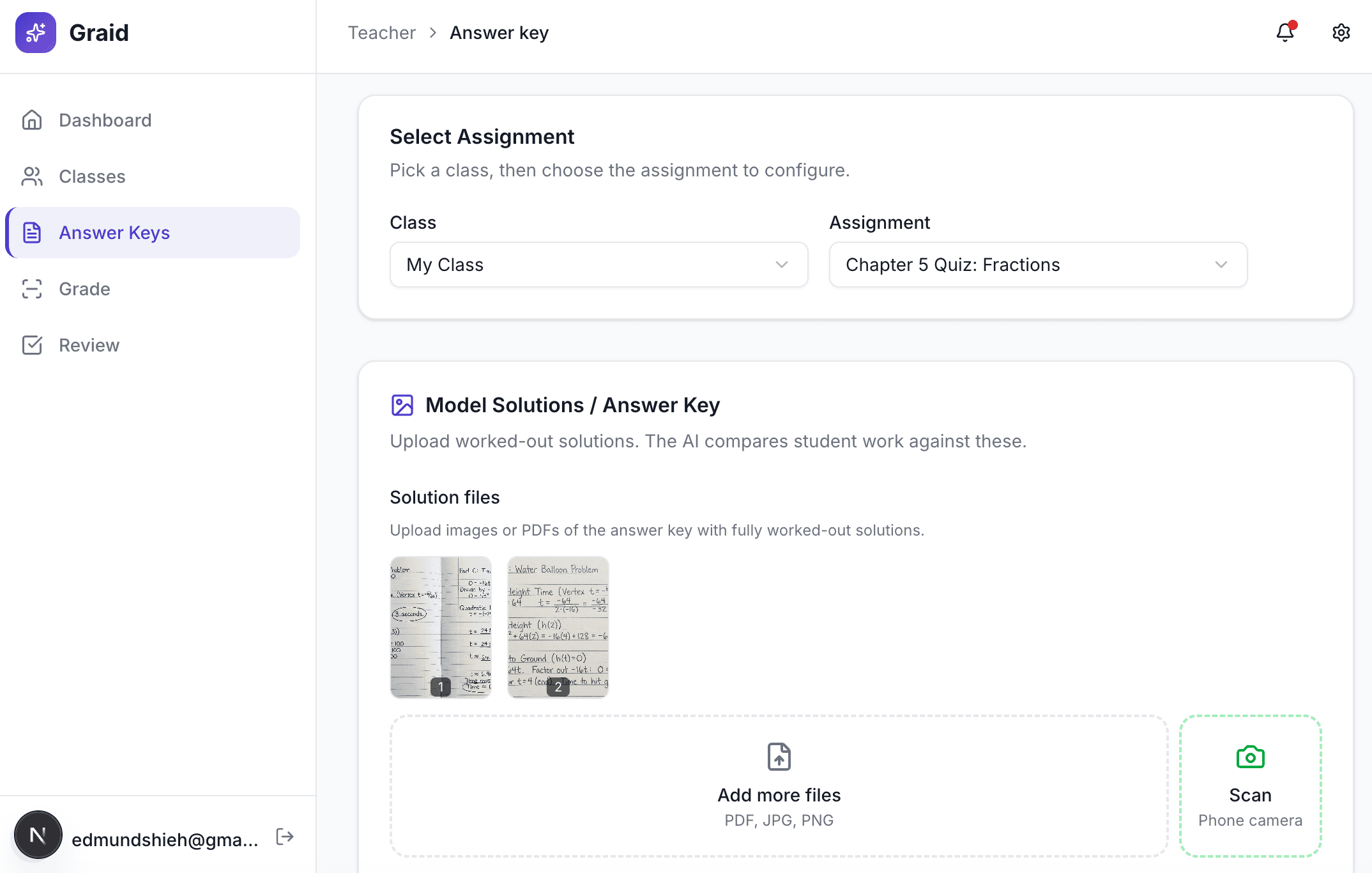 Screenshot of the answer key upload screen